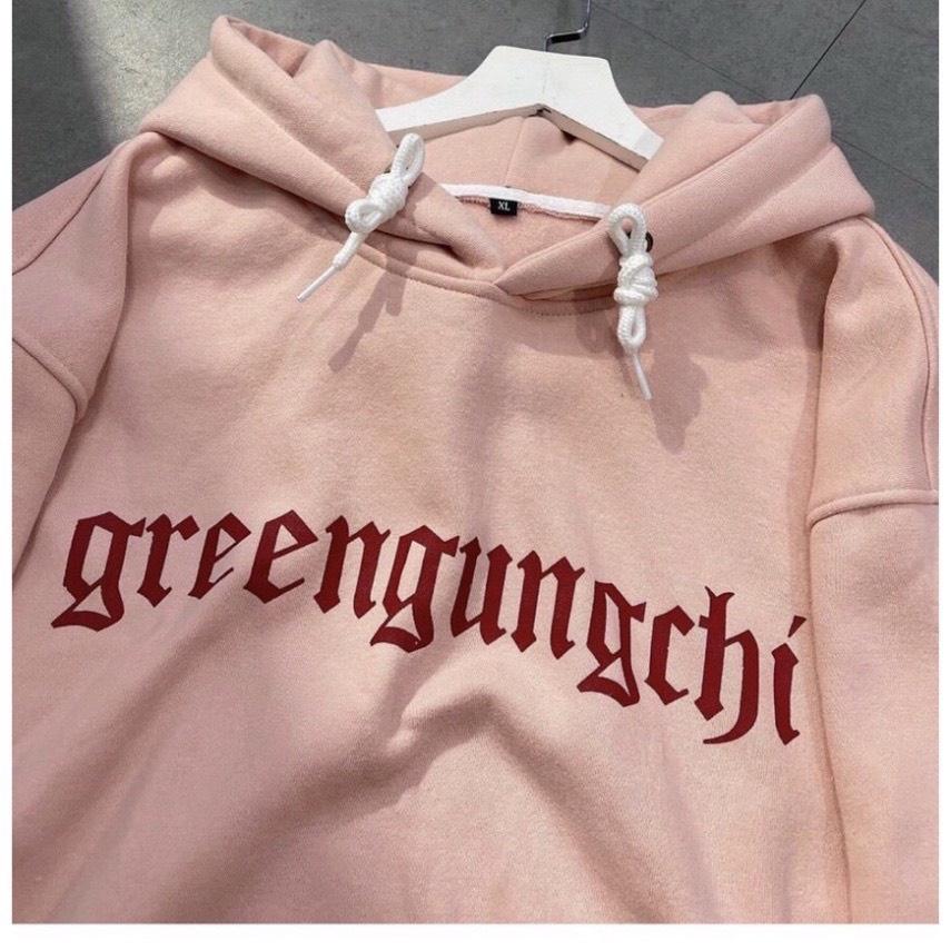 Áo Hoodie Nỉ Hồng GREENGUN Dáng Rộng In Chữ Mũ Trùm