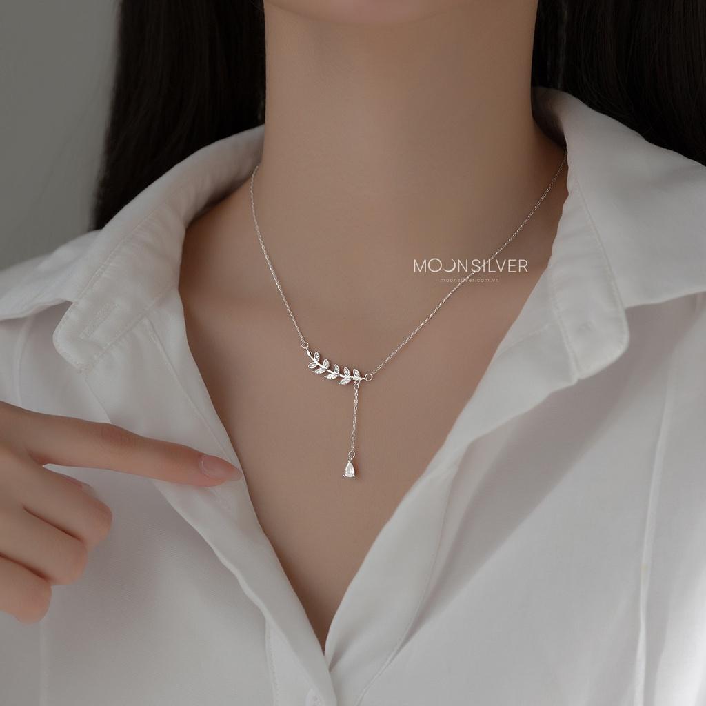 Dây chuyền bạc Moonsilver, vòng cổ nữ hình lá oliu đính đá bạc s925