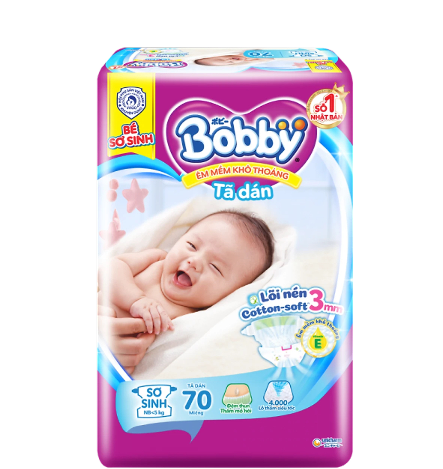 Tã Dán Sơ Sinh Bobby Size NB 70 Miếng Êm Mềm Khô Thoáng Cho Trẻ < 5Kg - Tã Dán Bé Sơ Sinh Bobby Size SX