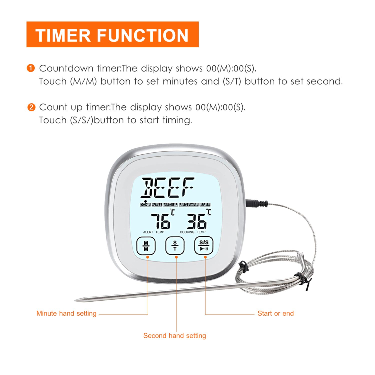 Digital Meat Thermometer for Oven BBQ Grill Kitchen Food Smoker Cooking Backlight Touchscree with Timer Alarm and A
