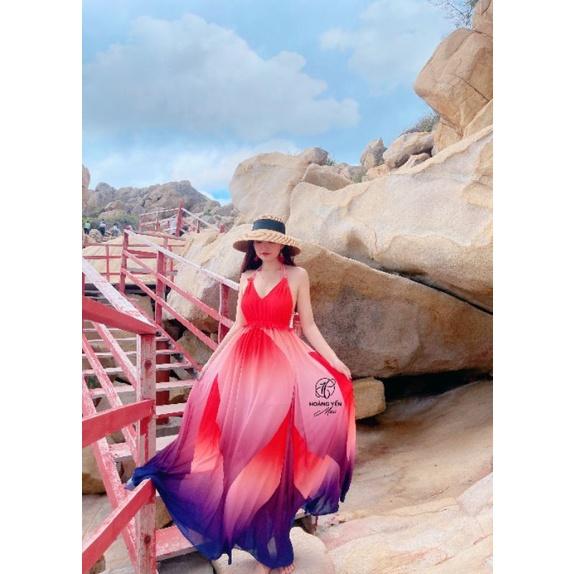 HOANGYEN - Edana dress đầm maxi hở lưng phối bèo đi biển, váy đi biển, du lịch