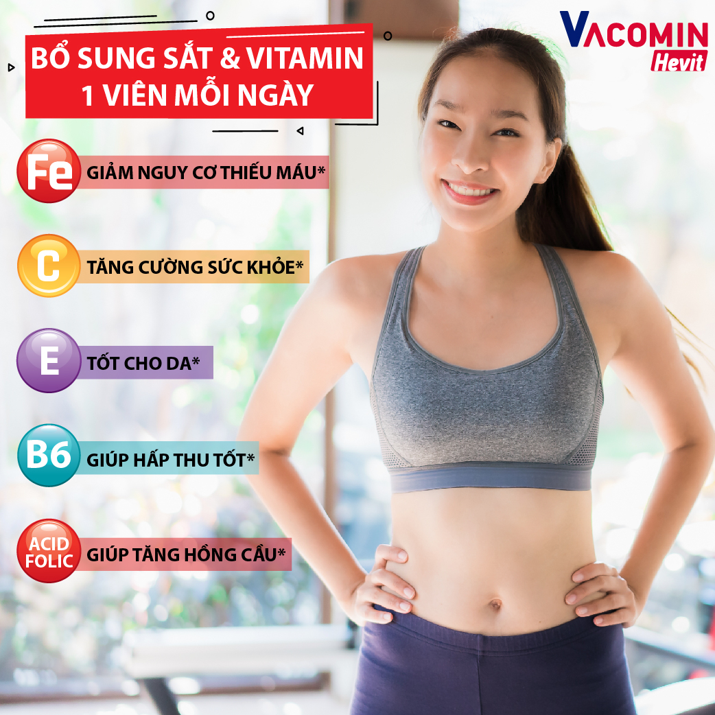 Viên Uống Bổ Sung Sắt (Fe) Cho Người Có Nguy Cơ Thiếu Máu | Kết Hợp Acid Folic, Vitamin C, E, B6 - TPCN Shinpoong Vacomin Hevit Hộp 100 Viên