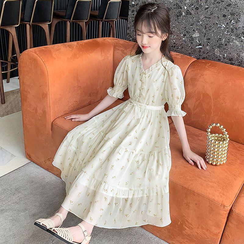 DONGSHOP HOT Váy bé gái mùa hè váy trẻ em hoa chiffon đầm 2023 bé gái lớn cô gái váy mùa hè siêu tiên