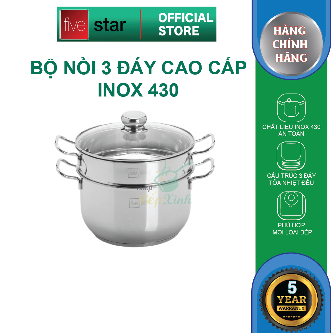 Bộ Nồi xửng hấp từ Fivestar nắp kính - tặng 10 muỗng inox