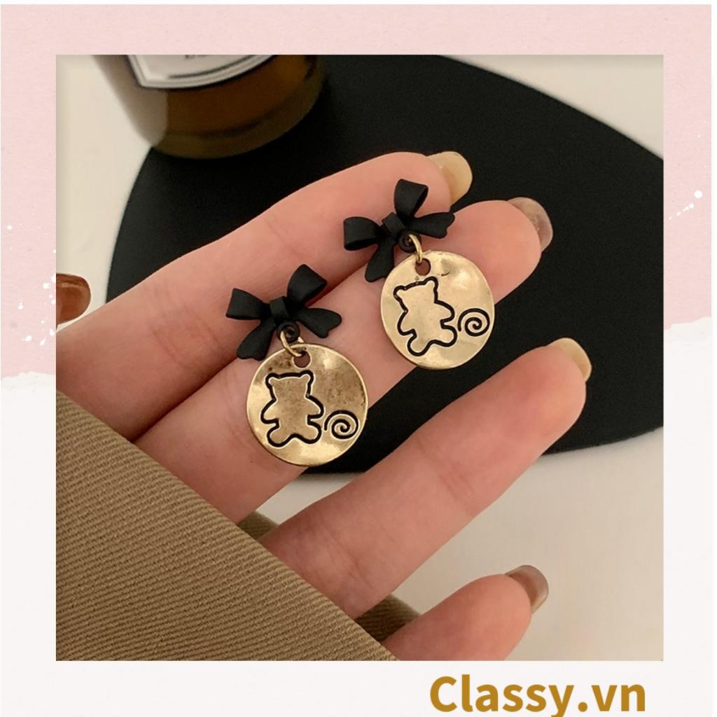 Khuyên tai Bông tai Hoa tai Classy bản tròn họa tiết gấu dễ thương đính nơ hoa tai ánh kim trendy PK1604
