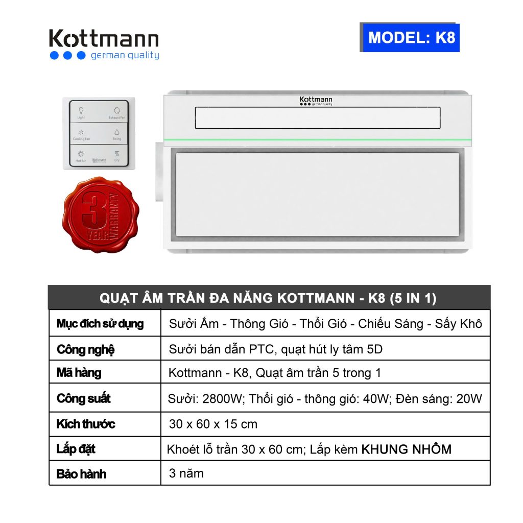 Quạt sưởi Âm Trần Đa Năng Kottmann – K8 Hàng chính hãng