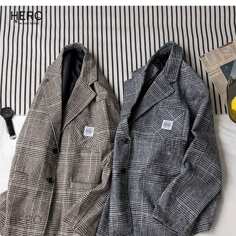 Áo Blazer Caro Form Rông Dài Tay BZ09, Áo Khoác Vest Blazer Học Sinh Hàn Quốc Nam Nữ Thời Trang HERO