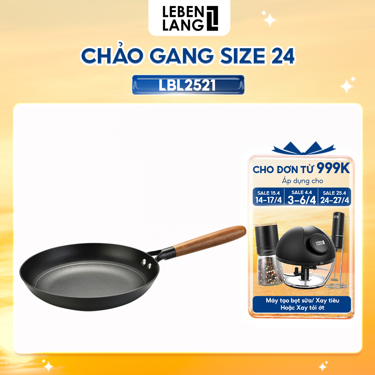 Chảo gang chống dính Lebenlang LBL2521 và LBL2522, size 24, 28, tay cầm gỗ dùng mọi loại bếp - hàng chính hãng