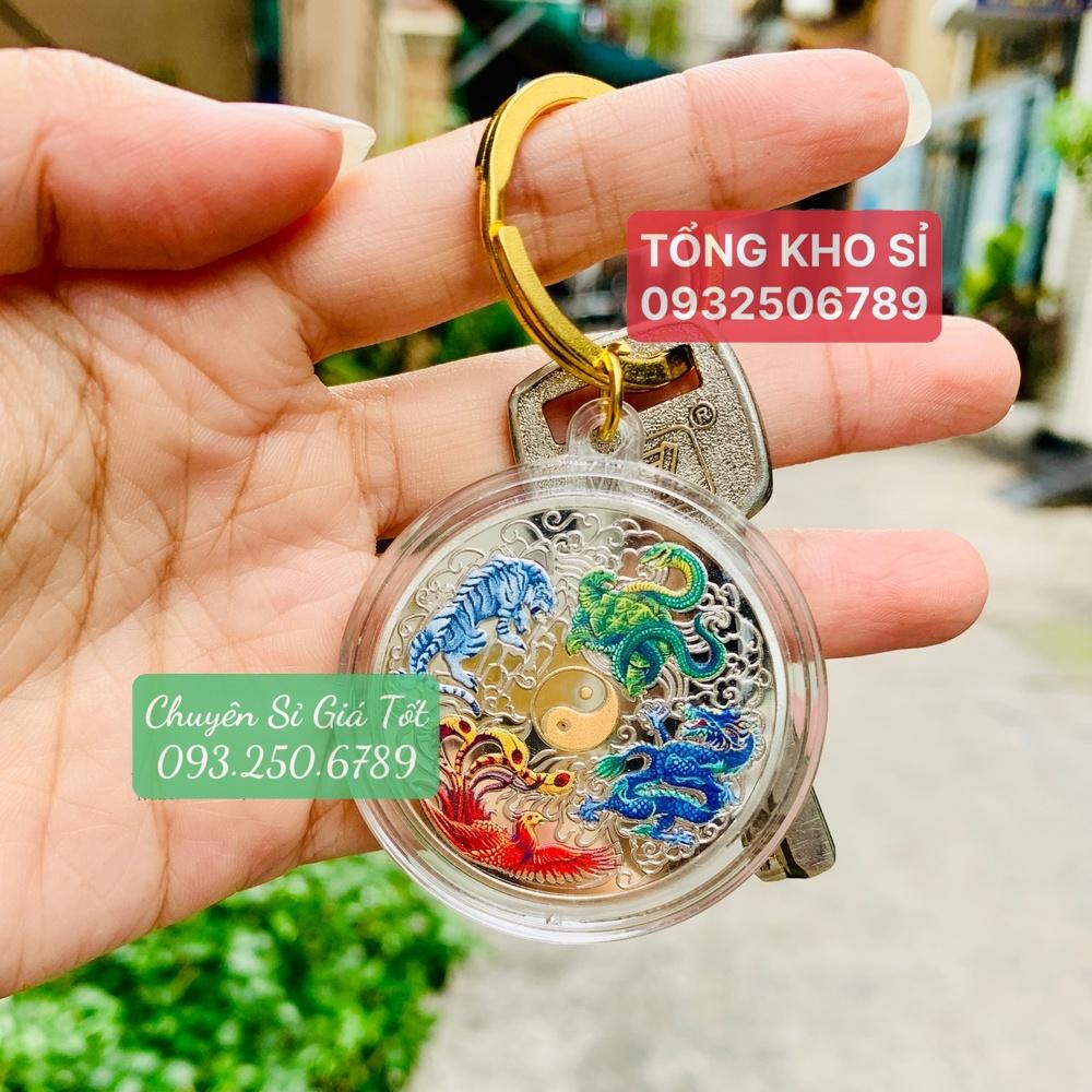 Móc khóa nhà, xe máy Đồng Xu Tứ Linh In Màu 3D Phong Thủy May Mắn, kèm Túi Gấm Đỏ - PASA COLLECTION