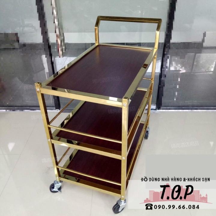 Xe Đẩy Phục Vụ Rượu Trà, Thức Ăn 3 Tầng Inox Vàng Và Gỗ.