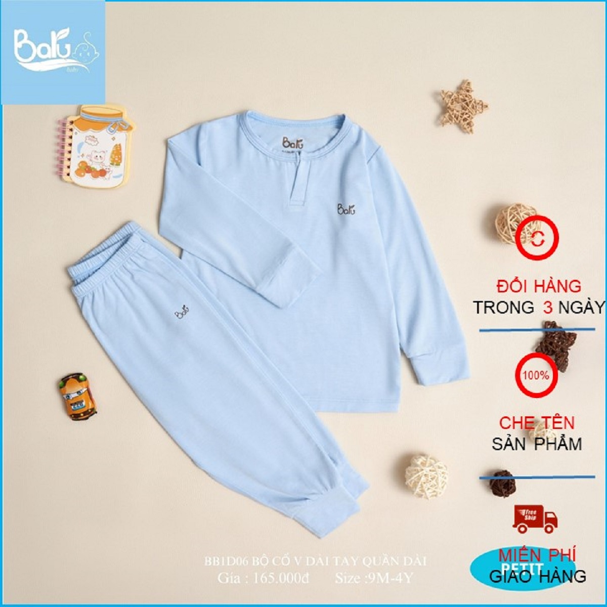 Bộ tay dài cổ V   BARU chất liệu cotton mềm mại cho bé  thời trang trẻ em, bộ bé sơ sinh ( 9M- 4Y )