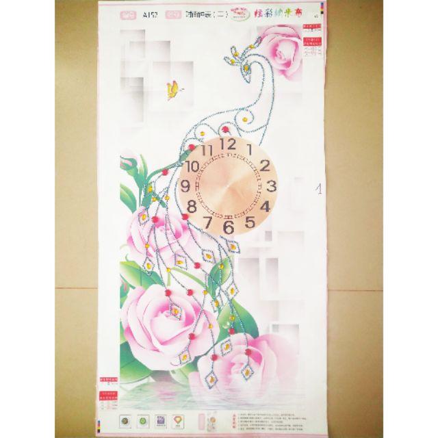 Tranh đính đá thành phẩm A152 ĐỒNG HỒ CHIM CÔNG 40×70cm