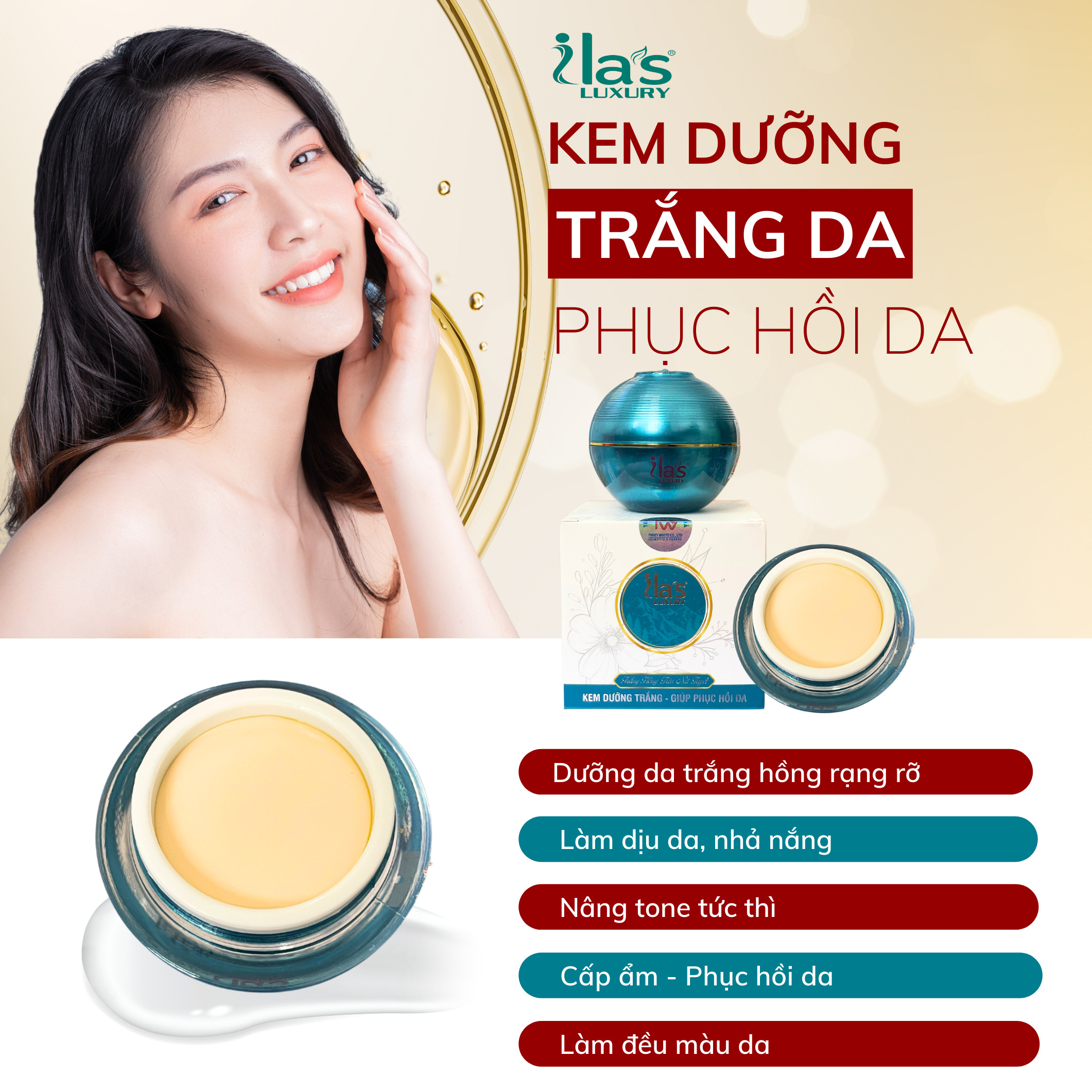 KEM DƯỠNG TRẮNG – GIÚP PHỤC HỒI DA - GIÚP DA MỀM MỊN ILA’S LUXURY CHÍNH HÃNG 16G