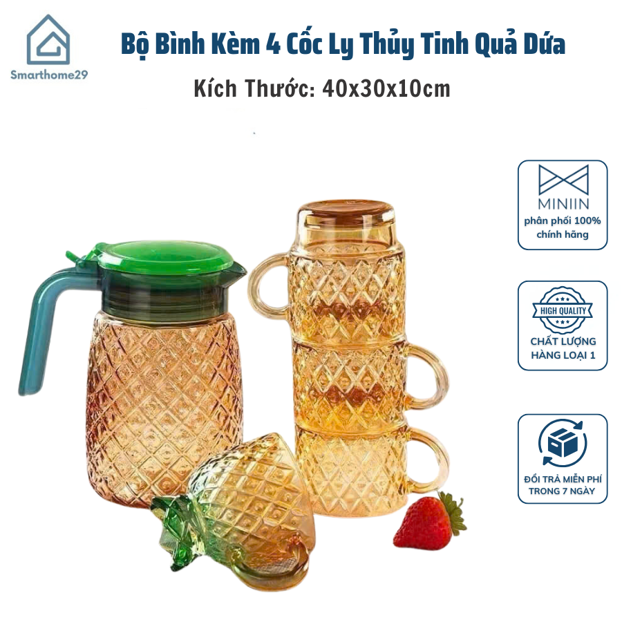 Bộ Bình 4 Cốc Ly Thủy Tinh Hình Quả Dứa Màu Hổ Phách, Bình Chịu Nhiệt Tốt, Trang Trí - HÀNG CHÍNH HÃNG MINIIN