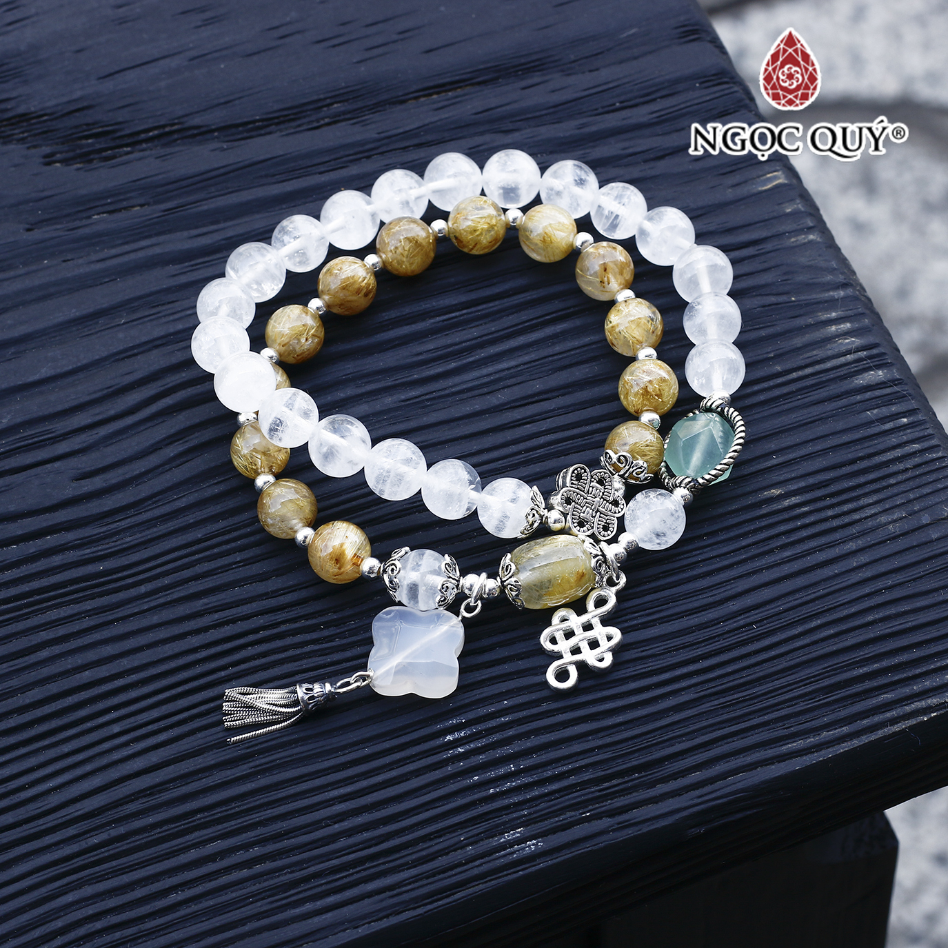 Vòng 2 line thạch anh tóc vàng phối thạch anh ưu linh trắng charm bạc - Ngọc Quý Gemstones