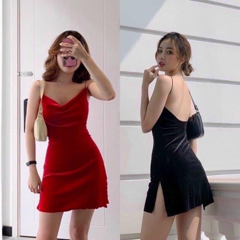 Đầm nhung ngắn xẻ tà hở lưng