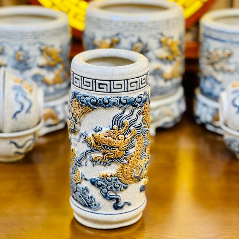 Bộ đồ thờ men rạn RỒNG VIỆT, Đồ thờ gia tiên, đồ thờ thần tài gốm sứ đắp nổi hoạ tiết rồng cao cấp