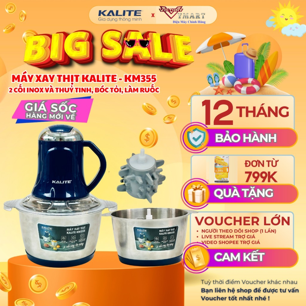 Máy Xay Thịt 2 Cối inox &amp; Thủy Tinh Kalite KM355 (Model 2024) Đa năng, 2.0L - Công Suất 300W, Kèm Dụng Cụ Bóc Tỏi- Hàng Chính Hãng