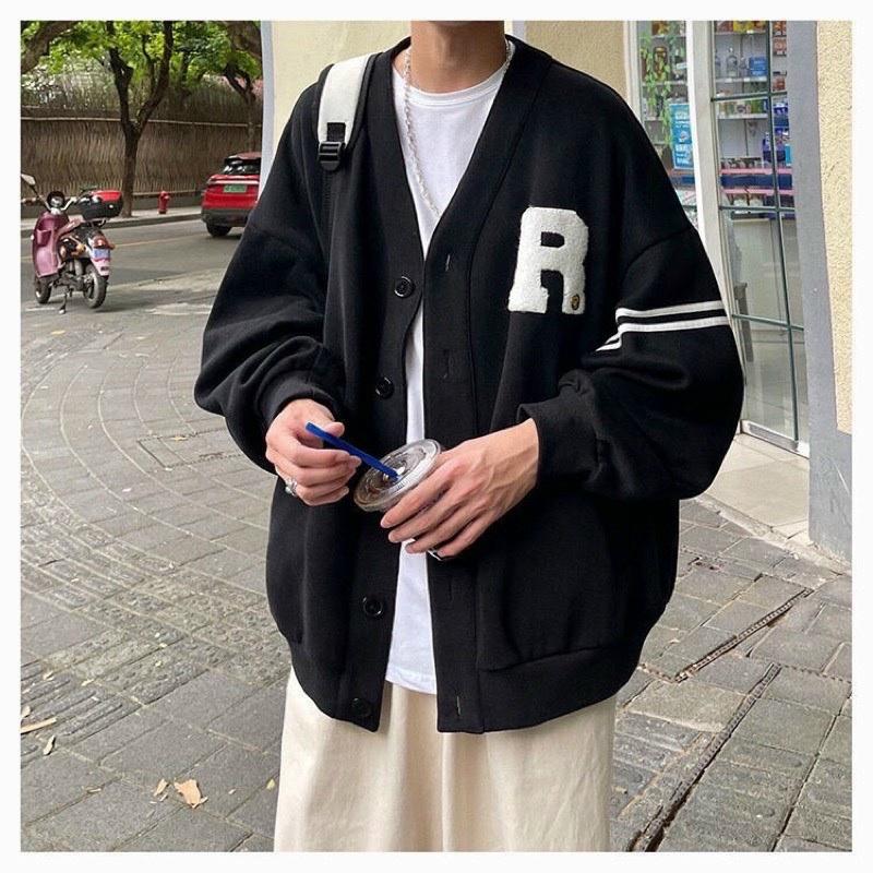 Áo Khoác Cardigan Bomber Nỉ Bông IN LOGO R Sọc Viển Tay Form Rộng Basic Nam Nữ Unisex Ulzzang KUN