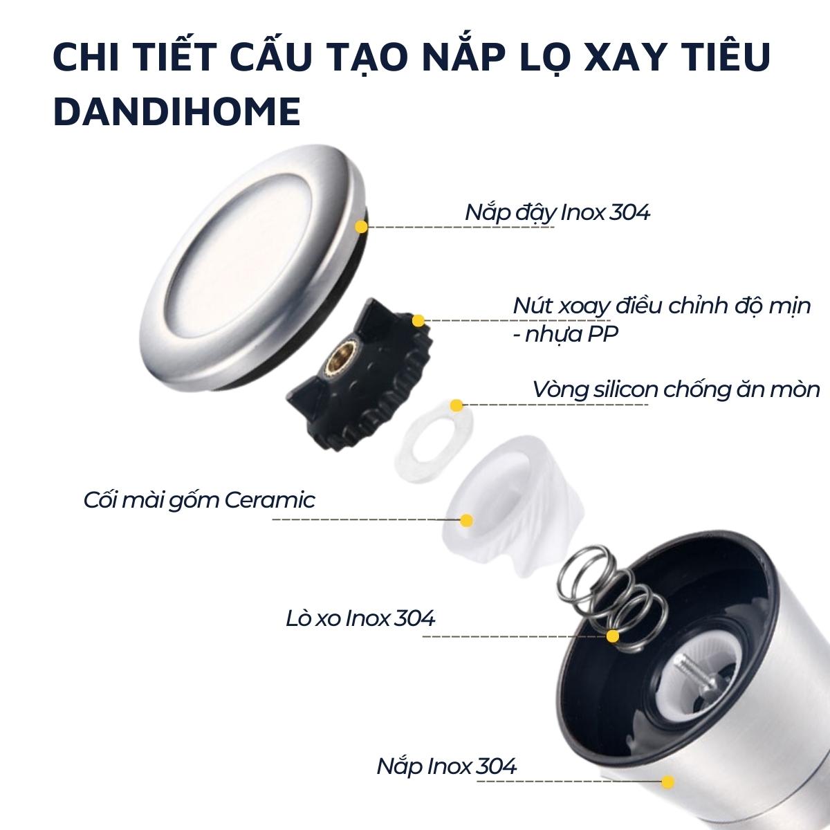 Lọ xay tiêu DandiHome inox 304, thủy tinh Borosilicat cao cấp trong suốt