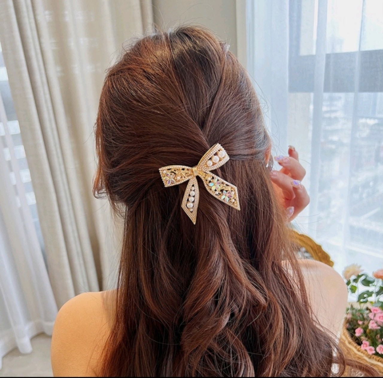 Kẹp tóc hình nơ đính đá phong cách Vintage