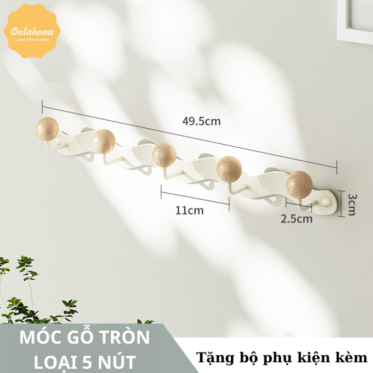 Móc treo dán tường kim loại nút gỗ tròn Dola Home. Móc dán tường dán cửa chịu lực treo quần áo, đồ dùng, không cần khoan