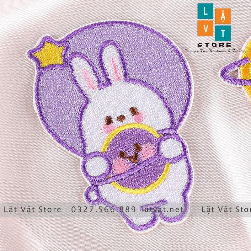 Bộ patch ủi quần áo THỎ TÍM TÁI 5 hình cực kì dễ thương, dán Vali, tủ lạnh, Sticker miếng dán quần áo