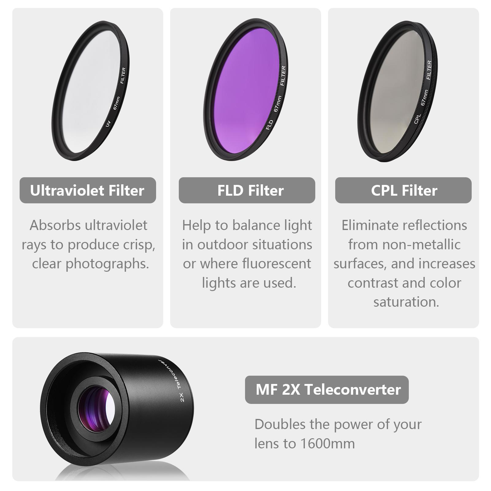 Camera MF Super Telephoto Zoom Lens F/8.3-16 420-800mm T Mount + UV/CPL/FLD Filters Set + T2-EOS Adapter Ring for Canon