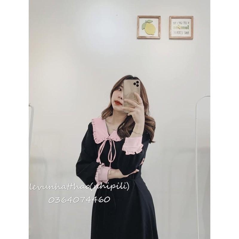 VÁY UMI ĐEN CỔ BÈO HỒNG NƠ NGỰC