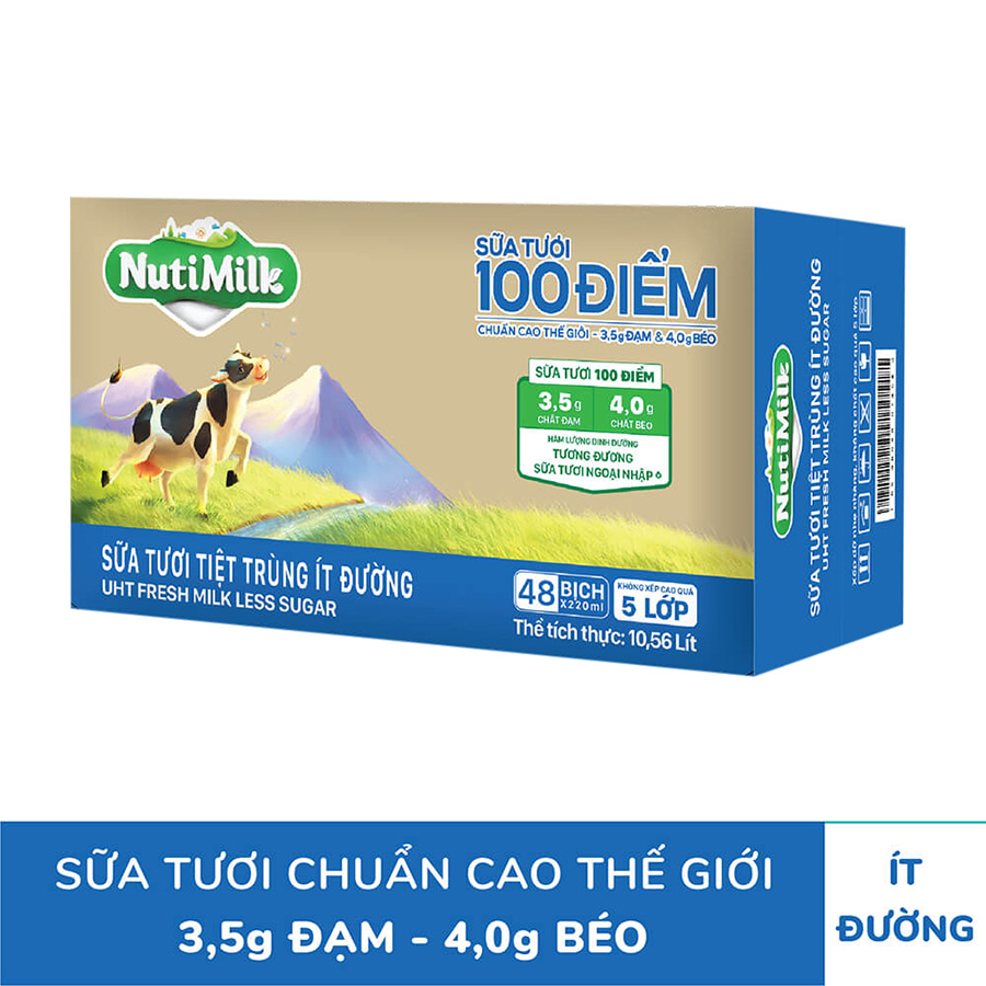 Thùng 48 bịch Nutimilk Sữa tươi 100 điểm Ít đường 220ml