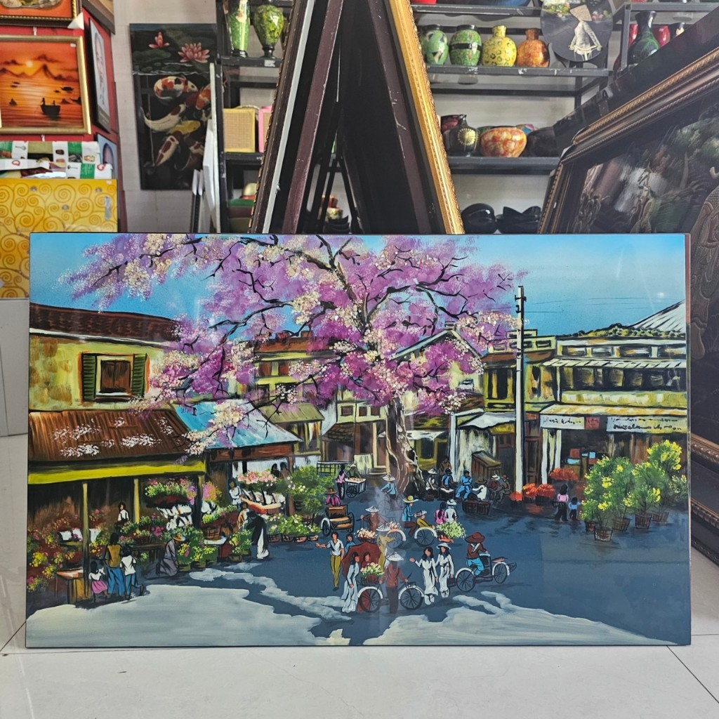 Tranh sơn mài đồng quê, chợ quê, phố cổ vẽ màu kết hợp cẩn ốc, vỏ trứng đẹp, hàng xuất khẩu 50x80 cm