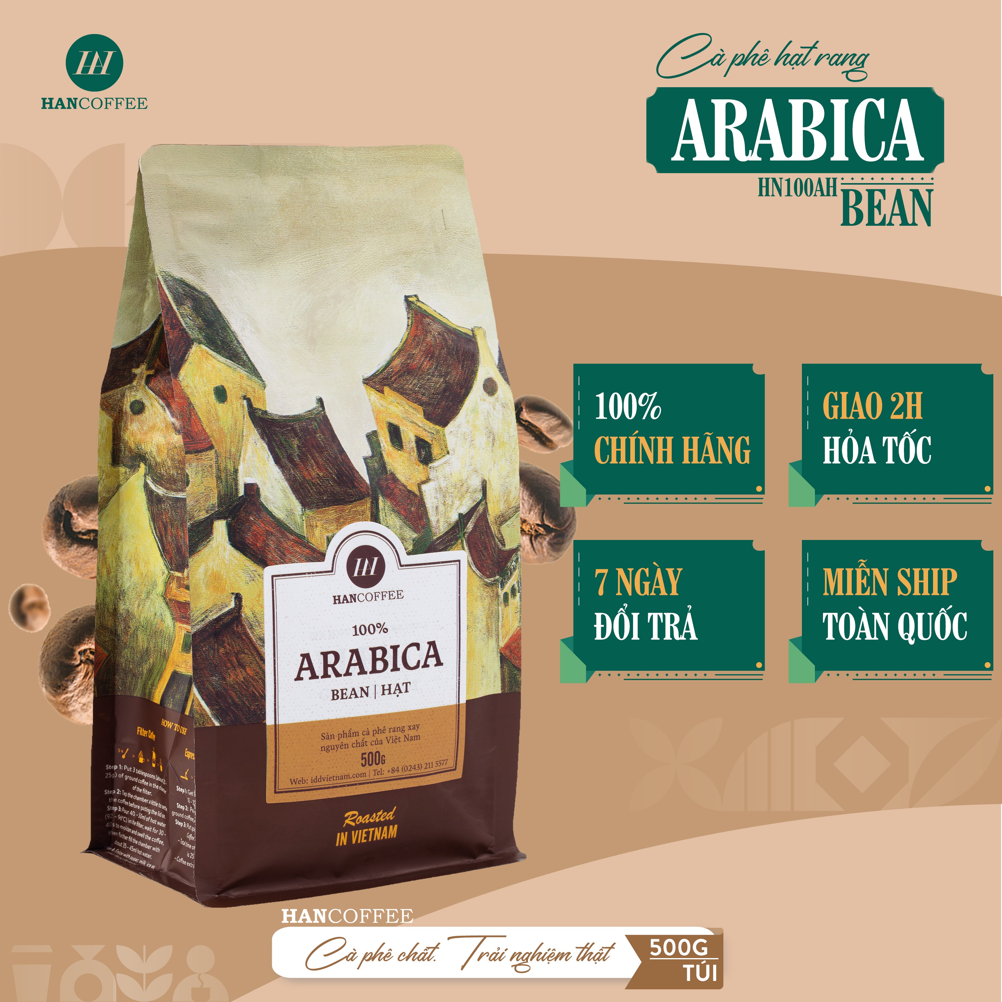 Cà Phê Arabica - Cafe Rang Mộc 100% HANCOFFEE Đắng Vừa, Chua Nhẹ, Ngọt Dịu, Dễ Uống Pha Phin, Pha Máy, Nguyên Hạt DẠNG HẠT 500g - HN100AH