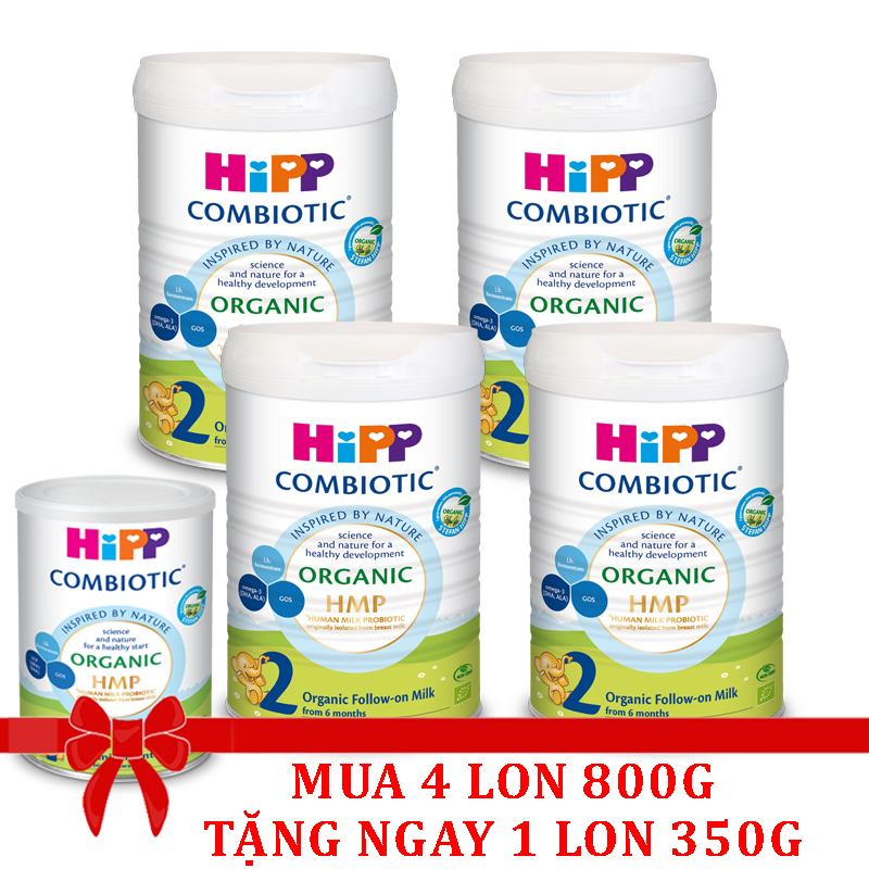 combo 4 lon Sữa bột Hipp số 2 Organic Combiotic HMP 800gr Mẫu Mới tách tem tặng 1 lon 350g