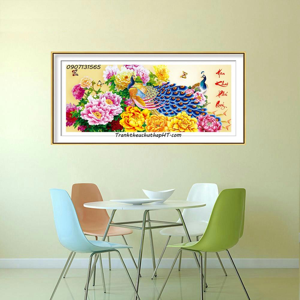Tranh thêu chữ thập chim công hoa mẫu đơn Hoa khai phú quý LV3063 - size: 88*43cm
