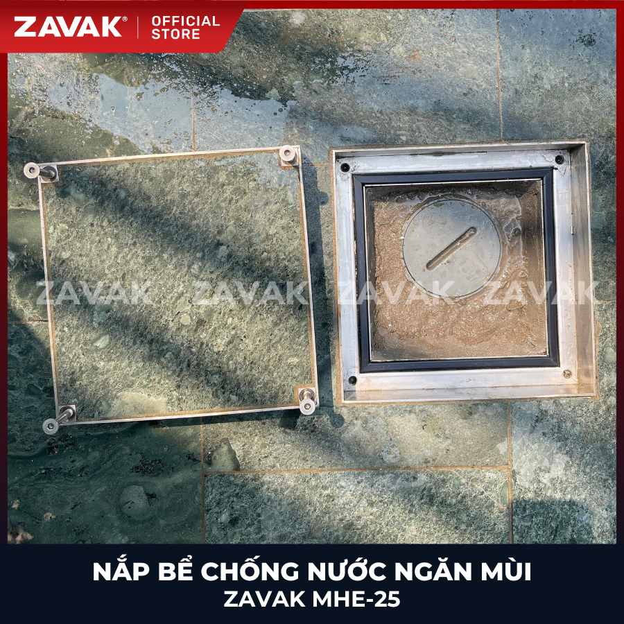 Nắp bể phốt Zavak MHE-25 KT25x25cm, chống nước, chống mùi, lát đá dày 2 cm chịu tải 1 tấn, inox 304