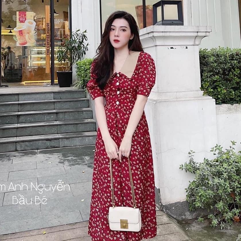 Váy Bầu Hoa Nhí Có Cổ Cúc Thật Cho Bé Bú HD2838 Honey Mommy Đầm Bầu Hè Cộc Tay Đi Làm Đi Chơi Công Sở