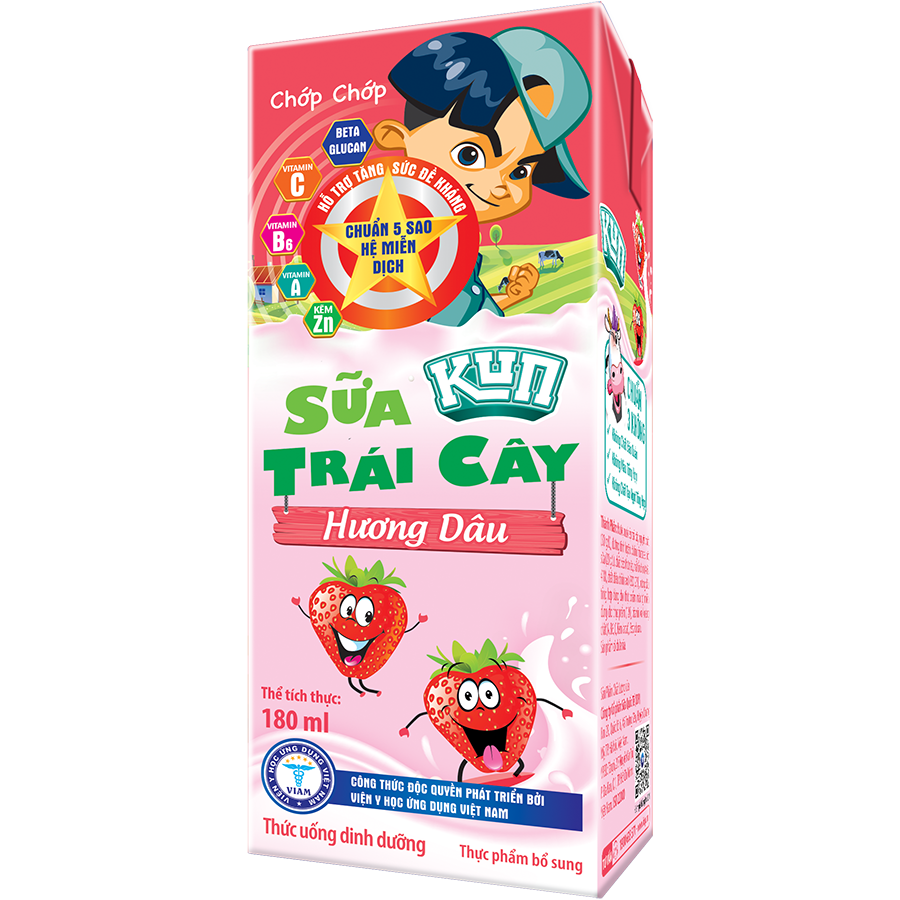 Thùng 48 Hộp Sữa Trái Cây KUN Hương Dâu 180ml/hộp