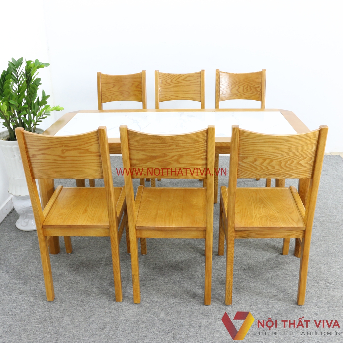 Bàn Ăn 6 Ghế Mặt Đá Lọt Gỗ Sồi Nga Màu Tự Nhiên Đẹp Hiện Đại