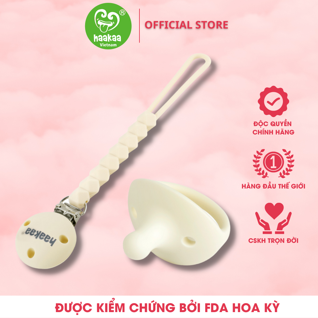 Núm ti giả kèm dây đeo Haakaa. Chất liệu silicone cao cấp, mềm mại. Không chứa BPA, PVC và phthalate