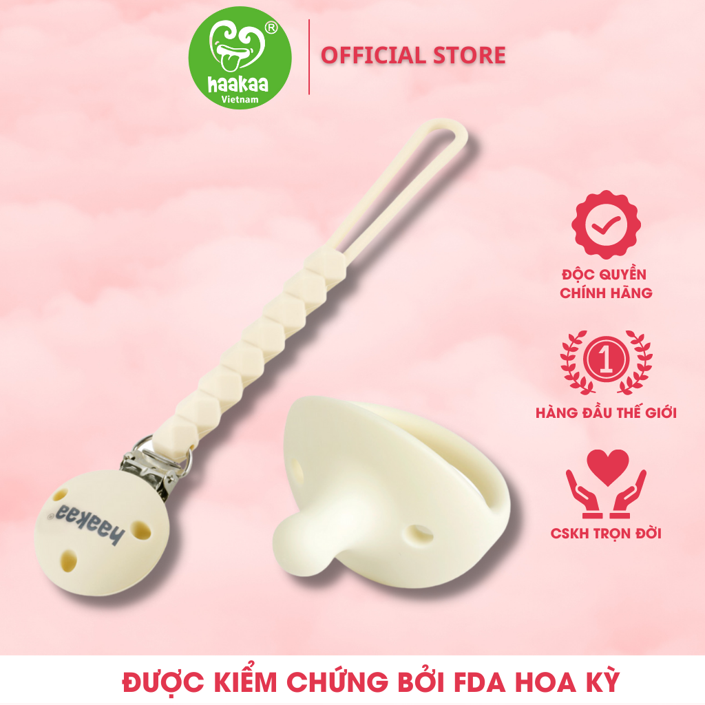 Núm ti giả kèm dây đeo Haakaa. Chất liệu silicone cao cấp, mềm mại. Không chứa BPA, PVC và phthalate