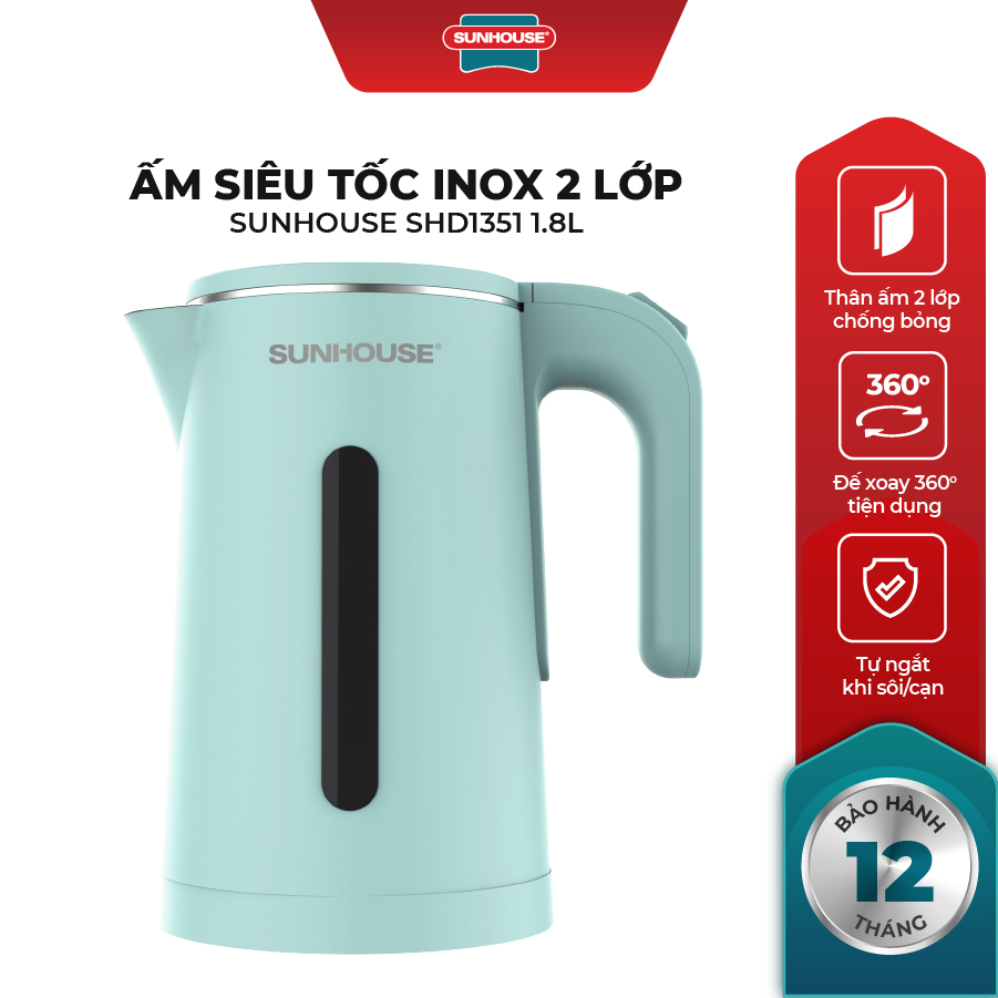 Ấm Đun Siêu Tốc Inox 2 Lớp Sunhouse SHD1351 (1.8 Lít) - Hàng Chính Hãng