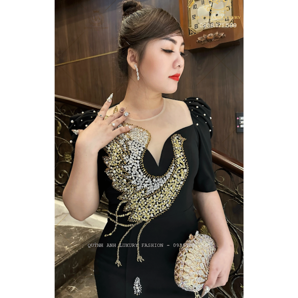 Đầm Dạ Hội Đen Mẫu Chim Công Pha Lê Sang Trọng Cao Cấp Amity Dress