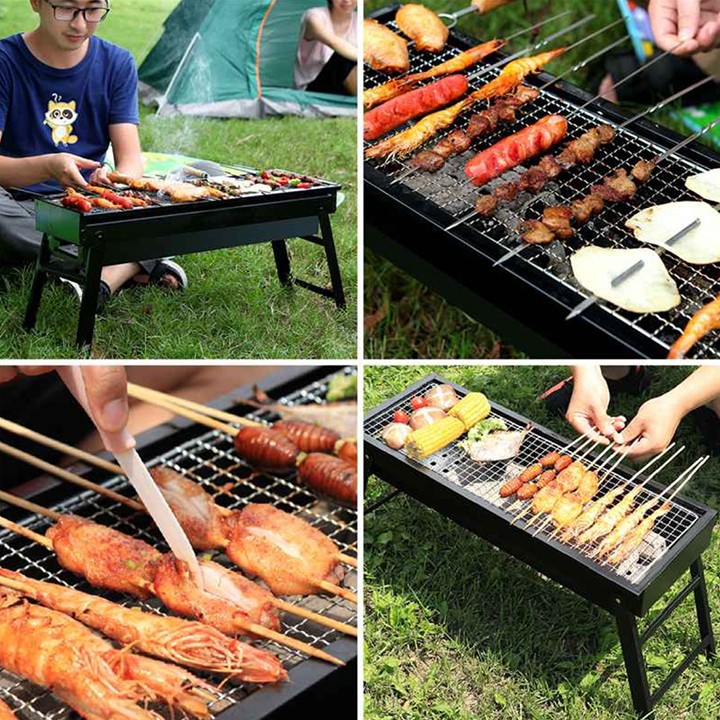 Bếp nướng than hoa ngoài trời 2 tầng dài, bếp nướng bbq gấp gọn tiện lợi mang du lịch dã ngoại lưới nướng inox | TP013