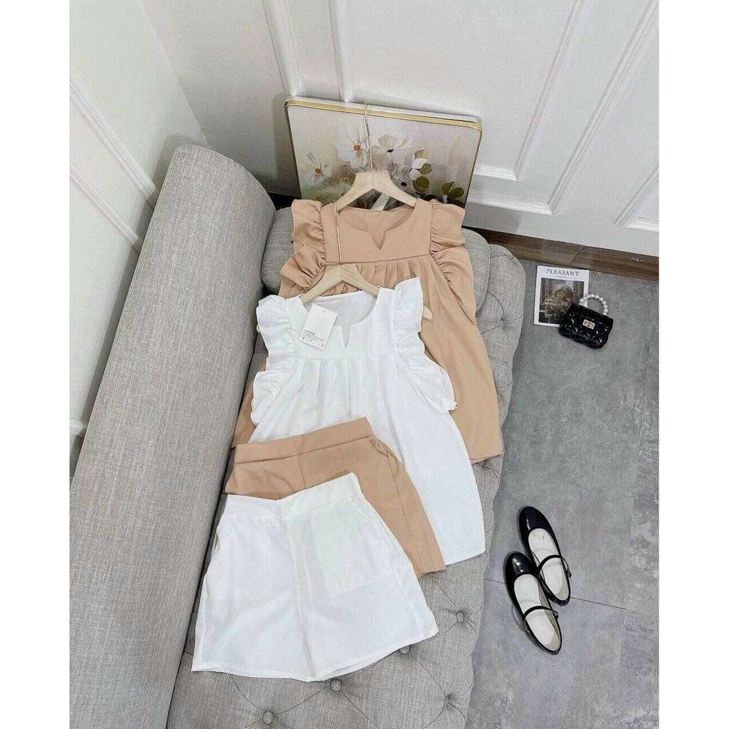 SET ÁO KIỂU TRẮNG NUDE PHỐI BÈO TAY DÁNG BABYDOLL+QUẦN SHORT-hình thật trải sàn