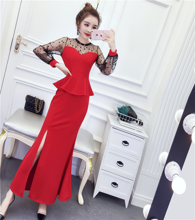 Đầm body peplum dạ hội thun đỏ phối ren sang chảnh - D86277 - Hàng Quảng Châu