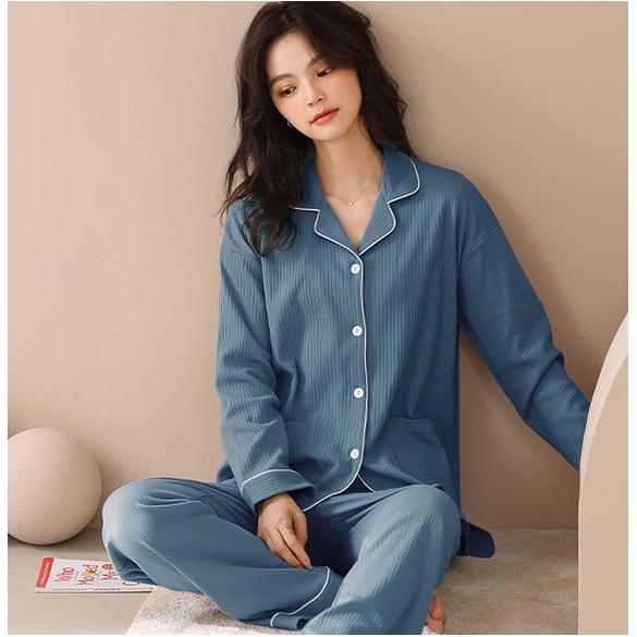 BỘ PIJAMA NỮ DÀI TAY CAO CẤP, CHẤT COTTON GÂN, TÔNG MÀU XANH TÔN DA, SIZE M-2XL