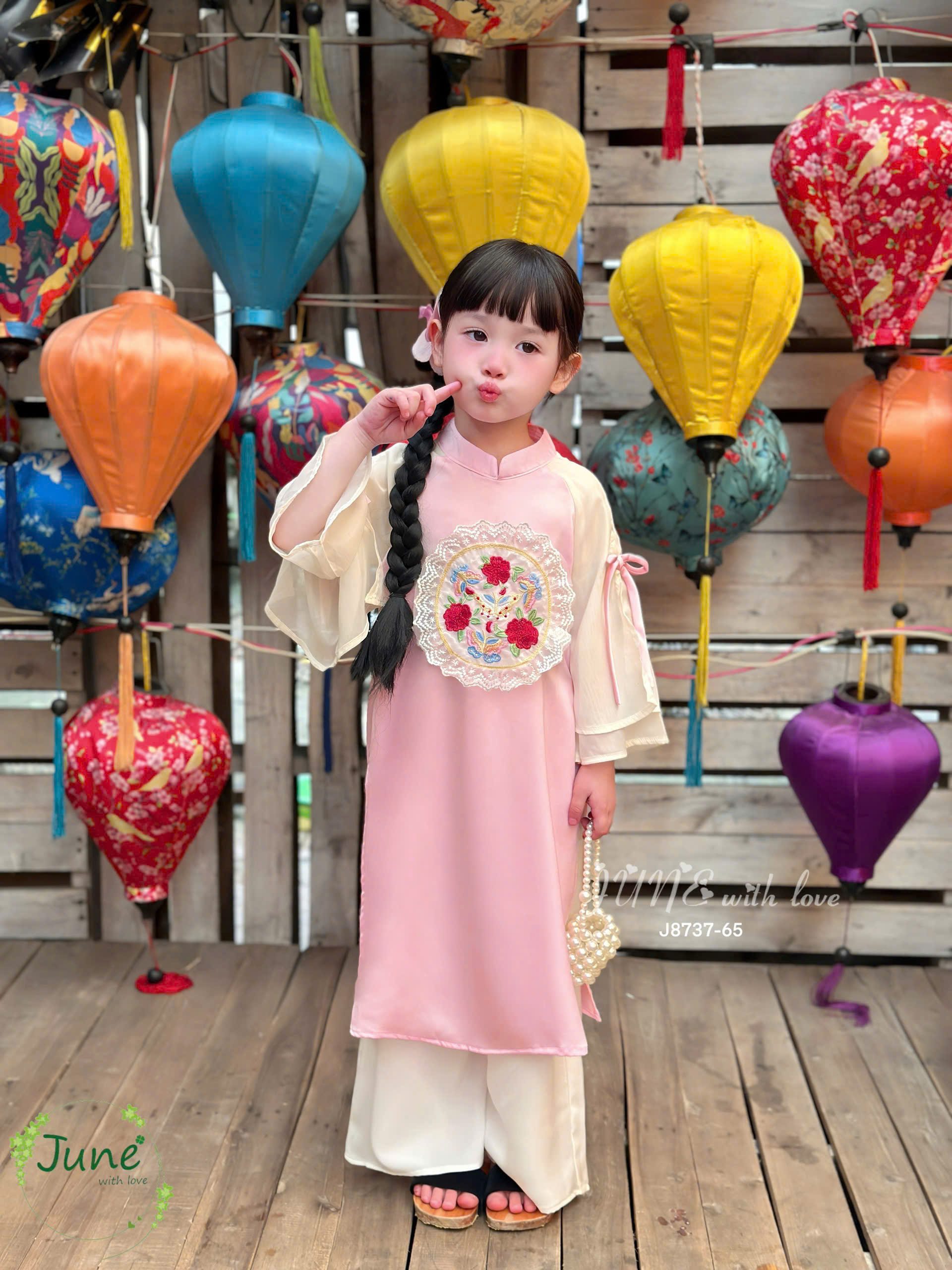 Bộ áo dài cho bé gái mẫu Hoa phú quý diện tết đón xuân năm mới 10-40kg mềm mát