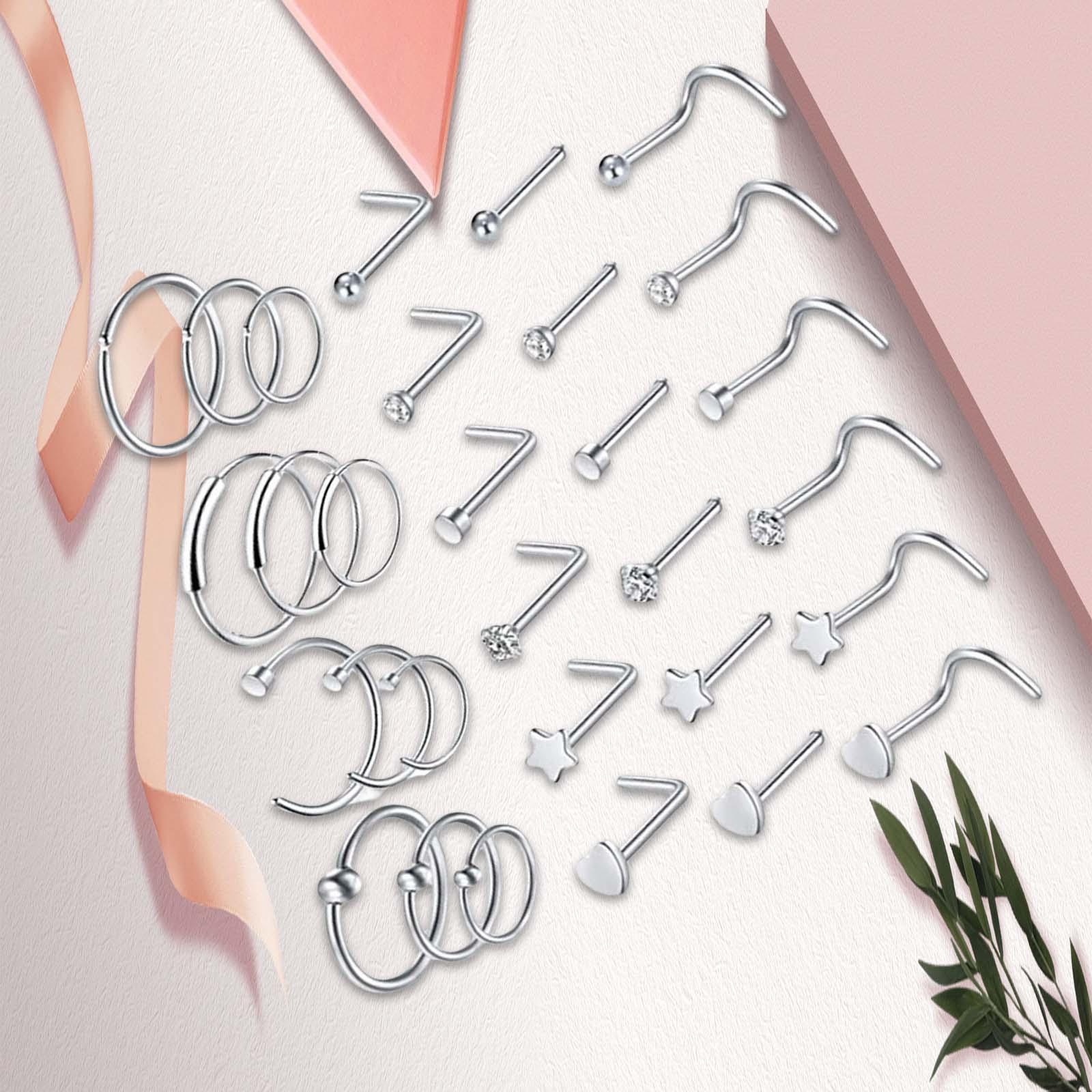 30Pcs Stainless Steel Stud Nose Ring L Shape Nose Piercing for Womens Mens