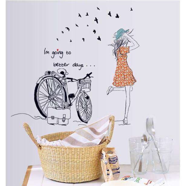 Decal dán tường combo 2 tranh lưới giấc mơ + cô gái và xe đạp