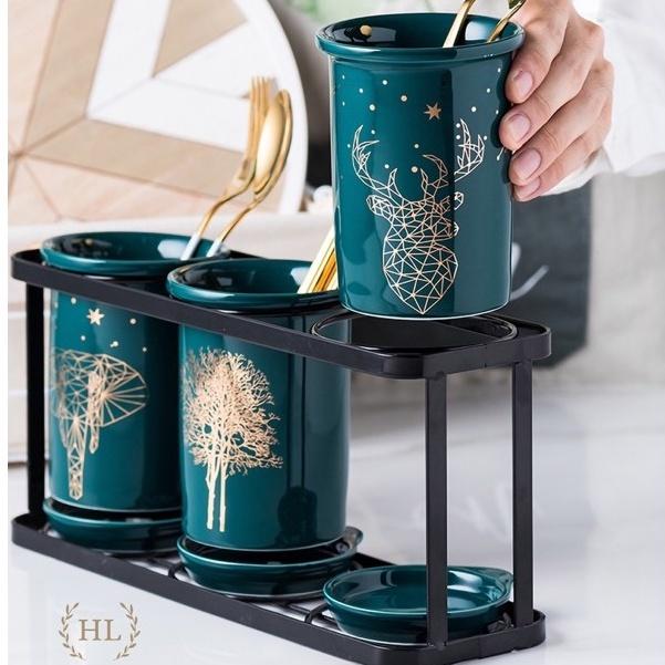 Sản phẩm ống đũa sứ 3 Xanh cổ vịt phong cách Bắc Âu - Hoạ tiết vàng kim - Khung thép